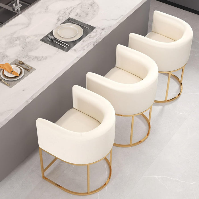 Modern Barrel Counter Height Clearance Bar Stools Set of 2, 24 Inch Velvet Kitchen Barstools with Back for Island, with Gold Metal Tubular Frame, Ivory