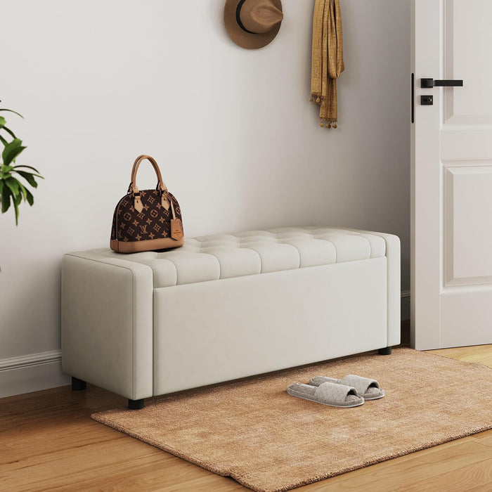 50 Inches Wide Storage Ottoman Bench, Upholstered Foot Rest Stool, Long Bench Footstool, Couch Ottoman, Ottomans for Living Room, Entryway, End of Bed Storage Bench for Bedroom (Beige)