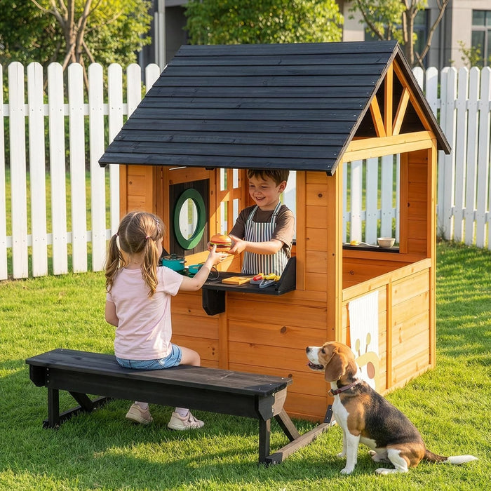 Kids Outdoor Playhouse with Dog Door, Wooden Toddler outside Play Kitchen W/Picnic Bench, Flower Pot, Cookware & Windows for Garden, Backyard, Indoor Playroom, Ages 3-8 (Natural)