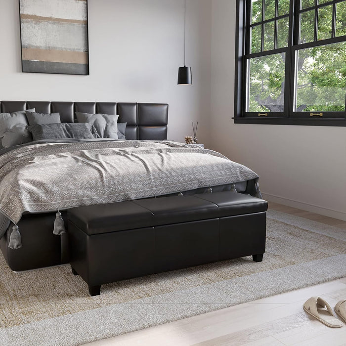Storage Faux Leather Ottoman, 47 Inch Bench Bedroom Bench with Safety Close Hinge, Extra Long Ottoman with Storage for Living Room, Entryway, Hallway, Foot Rest, Support 300Lbs - Black