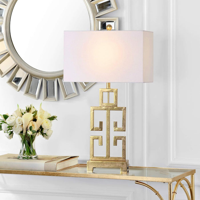Lighting Collection – Greek Key Table Lamp Set of 2 – Antique Gold Metal Base with White Fabric Shade, LED Bulbs Included, 29-Inch Bedroom Living Room Desk Lamps (LIT4305A-SET2)