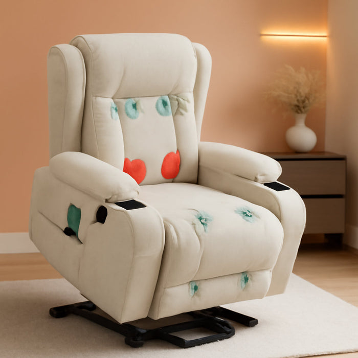 PU Leather Electric Power Lift Chair, Recliner Massage Chair, Adjustable Furniture for Back, Legs W/ 3 Positions, USB Port, Heat, Cupholders, Easy-To-Reach Side Button - Beige