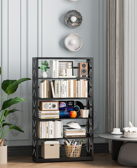 5-Tier Tall Book Shelf, Metal Bookcase with Adjustable Shelves | Metal Bookshelf,Bookend,Anti-Tip,Leveling Feet,,Display Storage Shelves for Bedroom/Office,Rust-Resistant,Easy Assembly Black
