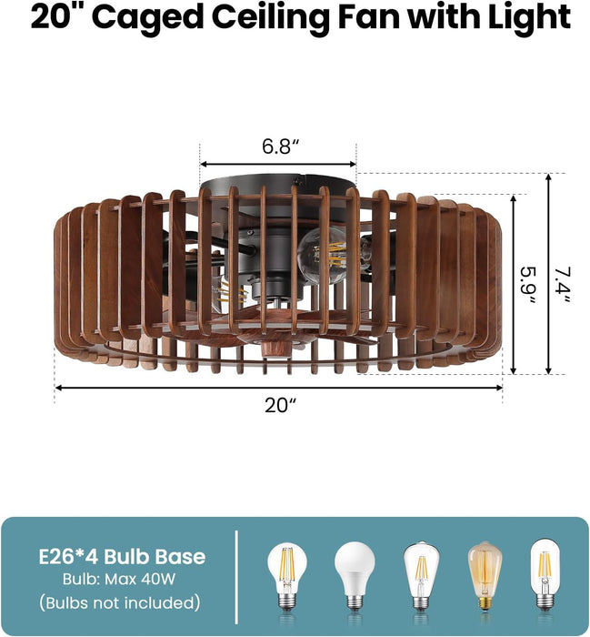 20'' Caged Low Profile Fandelier Ceiling Fan with Light and Remote Walnut