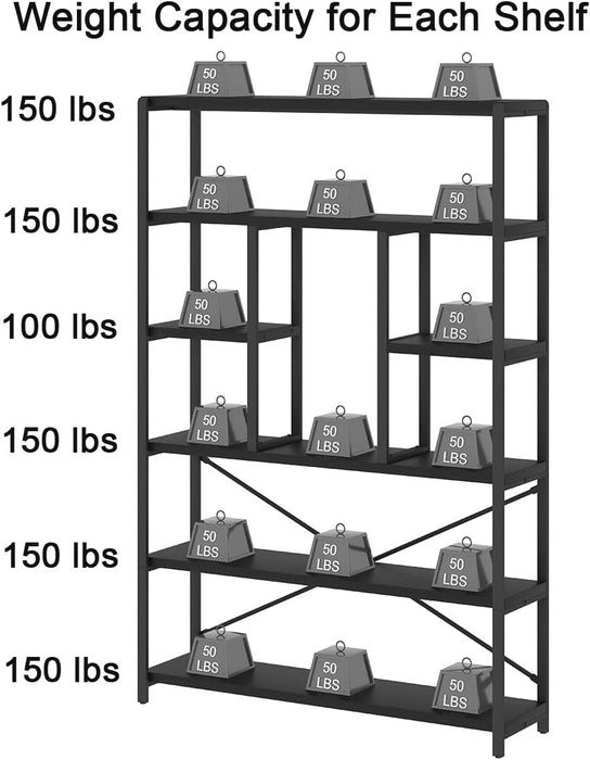 6 Tier Industrial Bookshelf for Bedroom Living Room Office, Black Oak