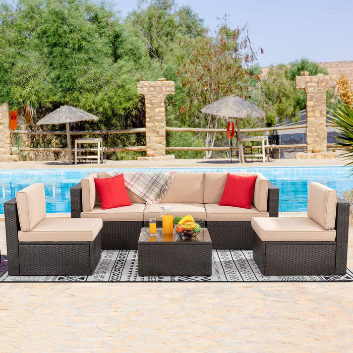 6 Pieces Outdoor Patio Furniture Set, PE Wicker Rattan Sectional Sofa Patio Conversation Sets with Coffee Table for Garden, Backyard, Poolside (Beige)