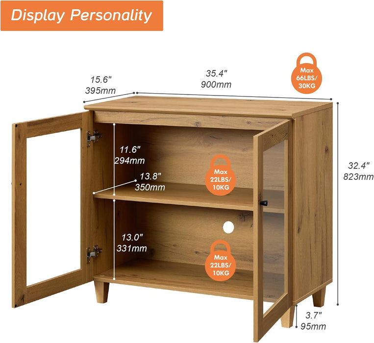 Glass Buffet Cabinet, 35.4" Modern Coffee Bar Sideboard, Oak Brown | Adjustable Shelf, Cable Management, Anti-Tip, Tempered Glass Doors, Wood Legs, Modular Storage for Dining Room Living Room