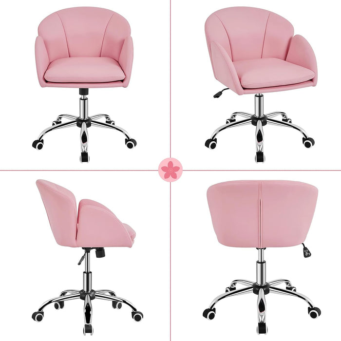 Cute Petal Desk Chair Home Office Chair Swivel Upholstered Leather Desk Chair Makeup Vanity Chair with Armrests for Bedroom Modern Computer Rolling Chair for Women Simple Pink