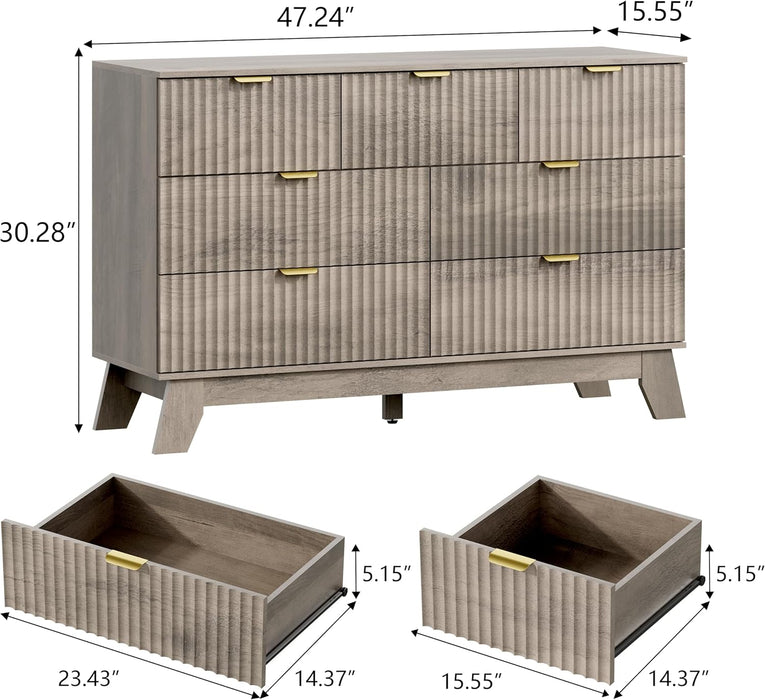 7 Drawer Fluted Dresser for Bedroom, Mid Century Modern Wooden Dresser with 7 Drawers, Dressers & Chests of Drawers with Metal Handle, TV Stand & Storage Organizer for Entryway, Hallway, Grey