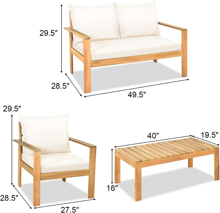 Outdoor 4-Piece Acacia Wood Chat Set, 4 Seater Acacia Wood Conversation Sofa and Table Set with Water Resistant Cushions, Teak Finished (1, White)