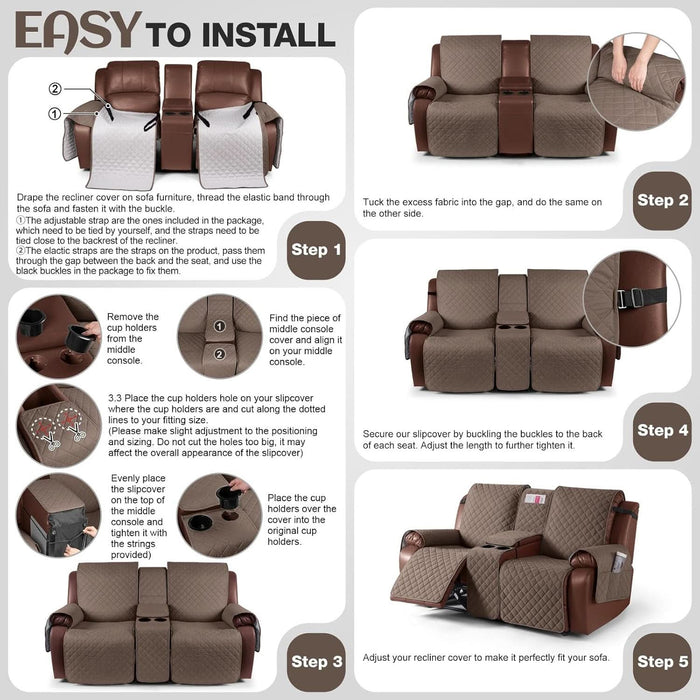100% Waterproof Recliner Loveseat Cover with Console, Non-Slip Reclining Couch Covers for 2 Seat, Recliner Sofa Cover Furniture Protector with Elastic Straps for Kids, Pets, Brown