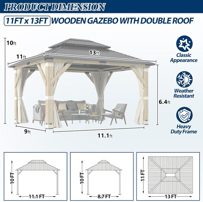 11FT X 13FT Outdoor Wood Gazebo - Patio Wooden Gazebo with Galvanized Steel Hardtop, Heavy-Duty Double Roof Gazebos with Netting & Curtains for Garden, Poolside, Deck, Backyard
