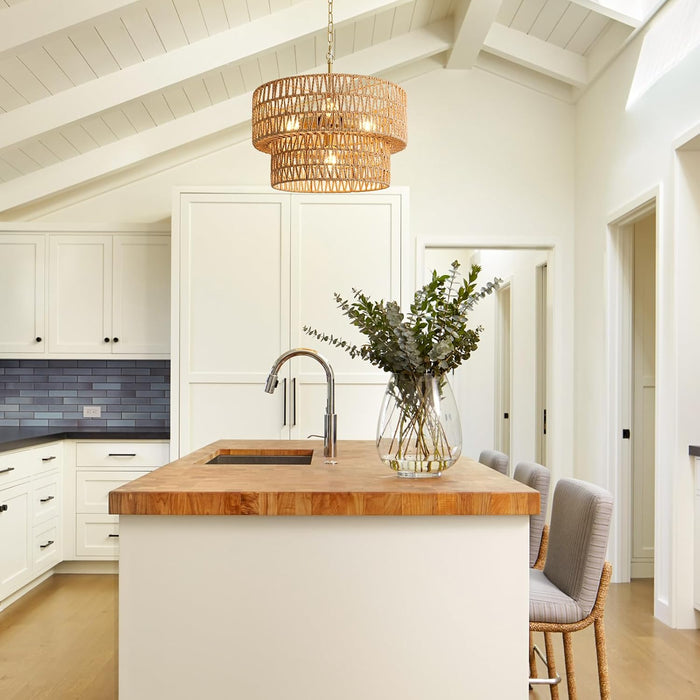 17.8 Inch Boho Handwoven Rattan Chandelier Fixture