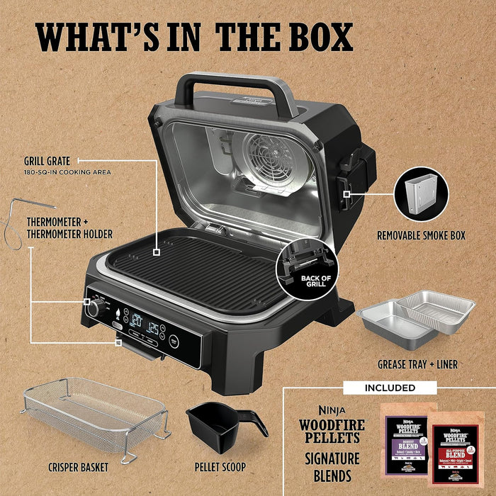 | Grill & Smoker | Outdoor Woodfire Pro XL | 4 in 1 Grill, BBQ Smoker, Air Fryer & Bake | Portable | Includes Built in Thermometer & 2 Woodfire Pellet Packs | Dark Grey | OG850