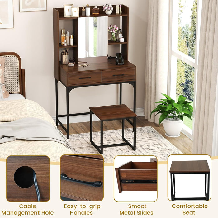 Vanity Desk with Mirror and Stool, Industrial Dressing Table with Power Outlet, 4 Shelves, 2 Storage Drawers, Bedroom Makeup Vanity Set for Women Teens Girls (Walnut)