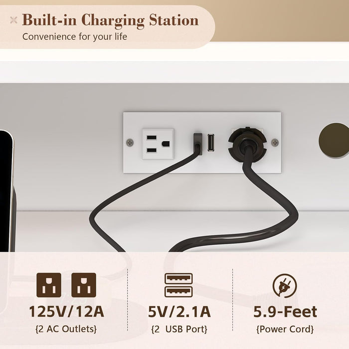 Vanity Desk with LED Mirror and 360 Rotating Makeup Organizer Shelves, White Makeup Vanity with Lights & Charging Station, Large Vanity Table with 6 Storage Drawers Bedroom Makeup Desk for Women Girls
