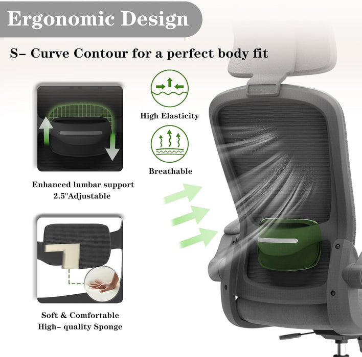 Ergonomic Mesh Office Chair, High Back Computer Desk Chair with Adjustable Lumbar Support & Headrest, Swivel Task Chair with Flip-Up Armrests for Home & Office (English, Dark Grey)