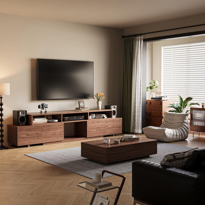 Extendable TV Stand for 65-100 Inches Tvs - Walnut Entertainment Console with 2 Cabinets, 3 Open Compartments & 1 Adjustable Shelf, Cable Management, Adjustable Length 63''-94.5'' (Walnut, 63"-94.5")