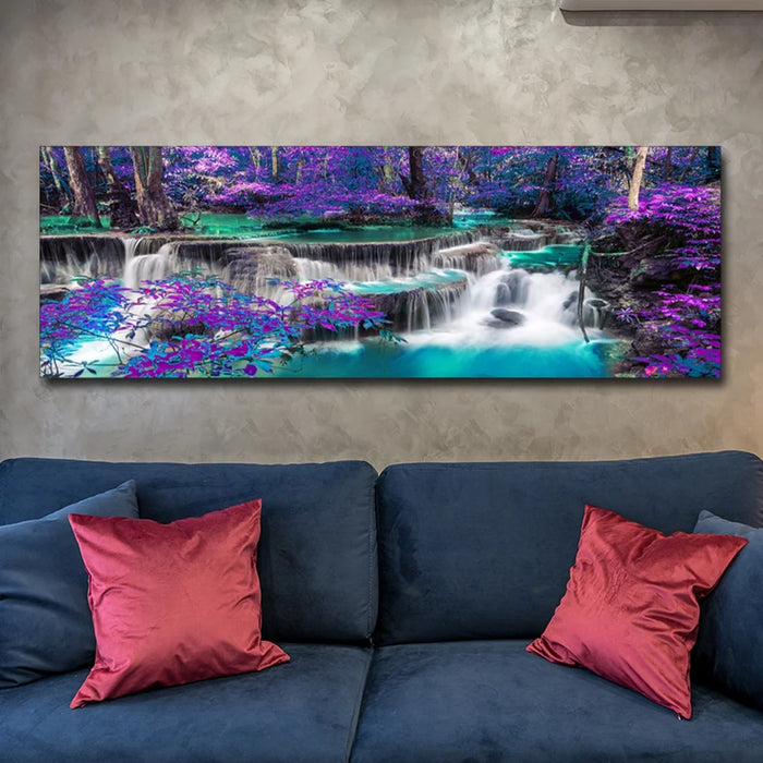 Waterfall Canvas Wall Art Purple Trees Forest Landscape Painting Picture Prints Black and White Purple Bathroom Bedroom Decoration Unframed 15.7*47.2 Inch