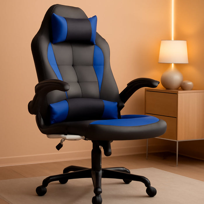 Gaming Chair Office Chair Desk Chair with Lumbar Support Flip up Arms Headrest PU Leather Swivel Rolling Adjustable High Back Racing Computer Chair for Women Men Adults,Blue