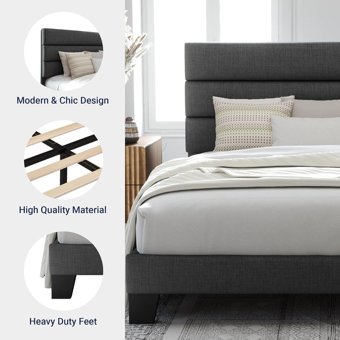 Full Size Platform Bed Frame with Fabric Upholstered Headboard Gray