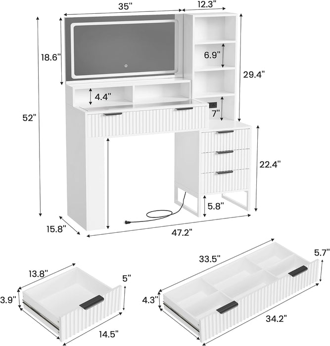 Fluted Vanity Desk with Mirror and Lights,48" Large Makeup Vanity Desk with Charging Station,Dressing Table with 4 Drawers & 3 Open Storage Shelves, Glass Top for Bedroom,Peal White