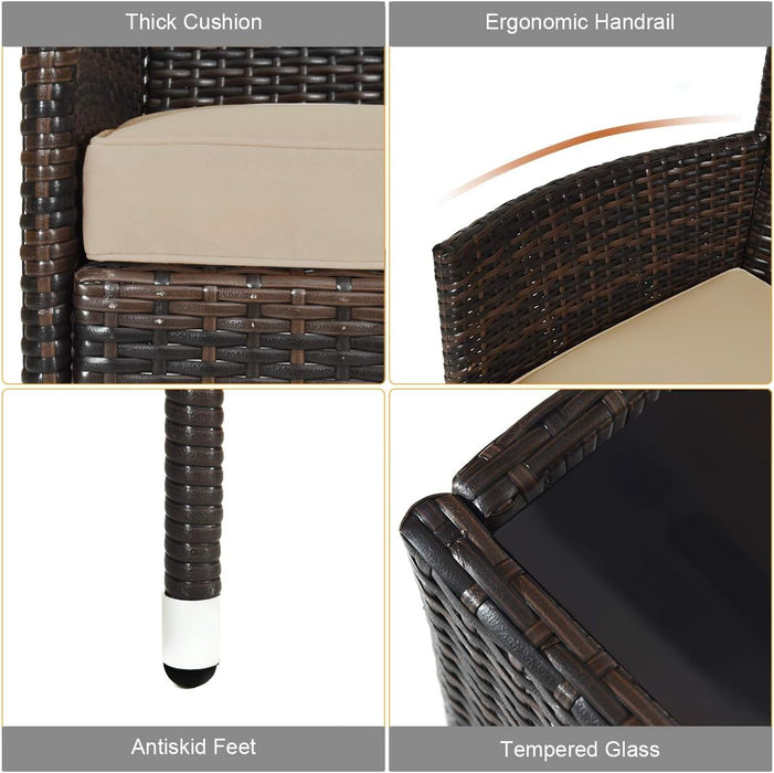 4-PCS Patio Rattan Conversation Set, Outdoor Wicker Furniture Set with Tempered Glass Coffee Table &Thick Cushion, Rattan Chair Wicker Set for Garden, Lawn, Poolside and Backyard (1, Brown)