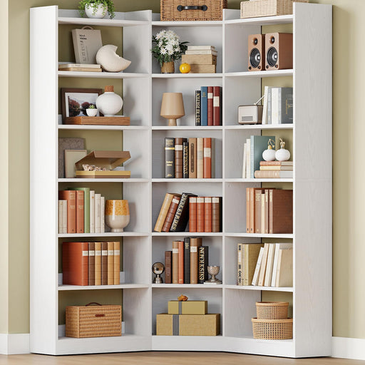 Corner Bookshelf, 7-Tier Bookshelf with Storage, Corner Bookcases with Baffles Etagere Shelf for Living Room Home Office Bedroom, White
