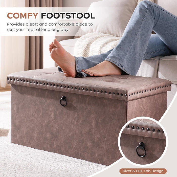 30 Inches Storage Ottoman Bench, Foldable Foot Rest with Rivet Design, 15 X 30 X 15 Inches, End of Bed Bench Footstool, Storage Chest, Load up to 330 Lb, for Living Room, Bedroom, Entryway, Oak Brown