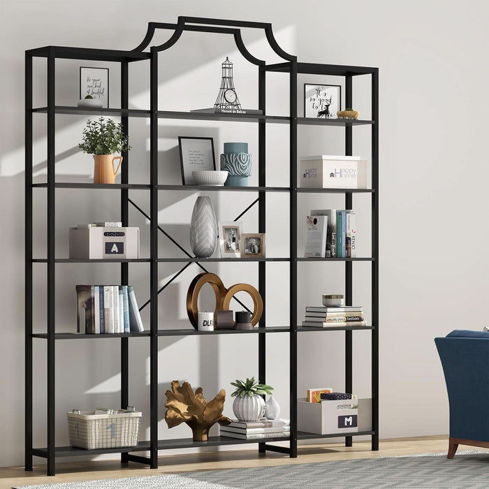 Triple Wide 5-Tier Bookshelf, 70.87" L X 79.13" H Extra Large Bookcase, Tall Open Etagere Display Shelf with Metal Frame, Freestanding Modern Storage Shelves for Home Office (Black)