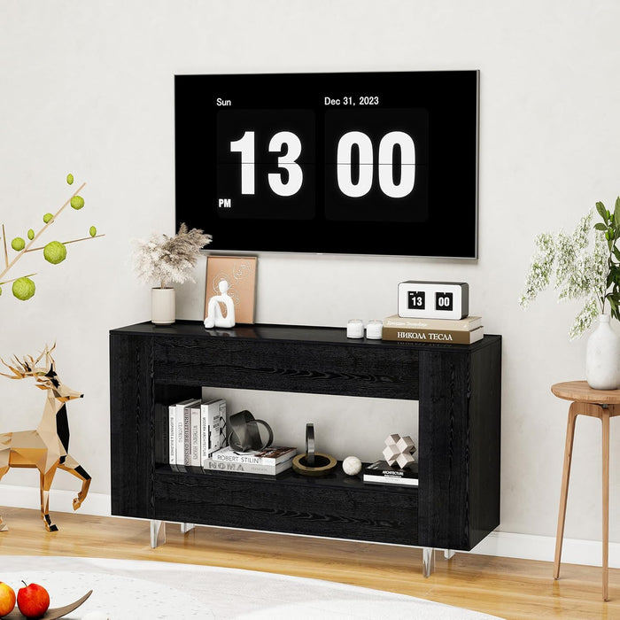 TV Stand for 55 Inch with 2 Large Drawers & Hidden Storage Cabinets, Modern Farmhouse Entertainment Center Television Stands for Living Room Bedroom, Black