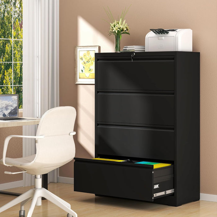 4 Drawer File Cabinets with Lock,Metal Lateral File Cabinets for Home Office,Steel Wide Filing Organization Storage Cabinets for Hanging Files Letter/Legal/F4/A4 Size Assembly Required(Black)