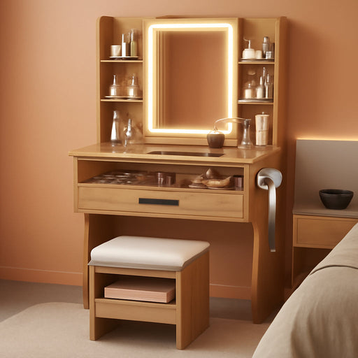 Compact Vanity Desk With Multifunctional Illuminated Mirror