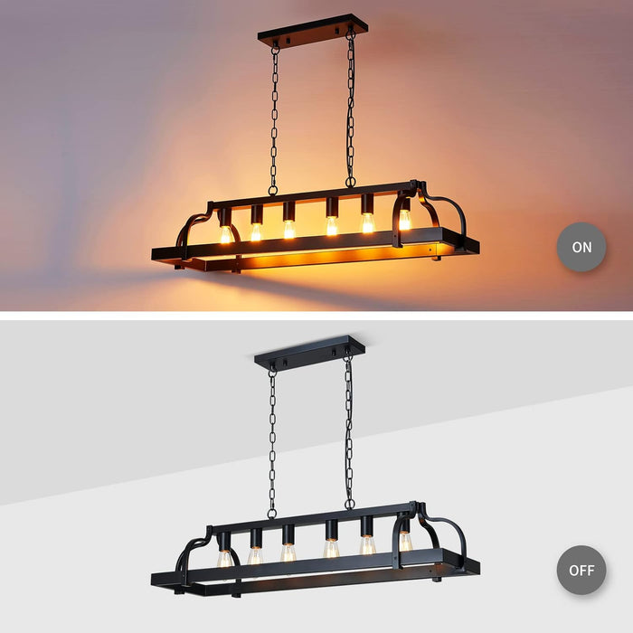 6-Light Metal Pot Hanging Rack Chandelier Linear Pendant Ceiling Lighting Rustic Farmhouse Fixture Kitchen Island Dining Room, H 9.8" L 40.6" W11.8, E26 Base, Black
