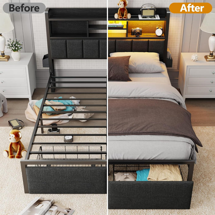Queen Bed Frame with Storage Drawers, Upholstered Headboard with LED Light & Charging Station, Metal Platform Bed Frame Queen Size, Noise Free, No Box Spring Needed, Black (1200 Lbs Capacity)