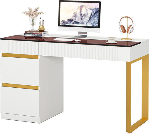 Computer Desk with 4 Drawers, 47 Inch Modern Home Office Desk with Glass Top, White and Gold Writing Workstation Desk with Storage