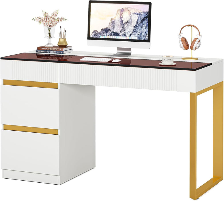 Computer Desk with 4 Drawers, 47 Inch Modern Home Office Desk with Glass Top, White and Gold Writing Workstation Desk with Storage