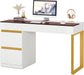 Computer Desk with 4 Drawers, 47 Inch Modern Home Office Desk with Glass Top, White and Gold Writing Workstation Desk with Storage