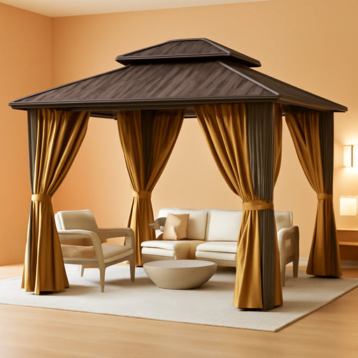12X12Ft Hardtop Gazebo, Metal Frame with Double Galvanized Steel Roof, Permanent Outdoor Pergola with Curtains and Netting Included for Backyard, Patio, Lawn and Garden, Brown