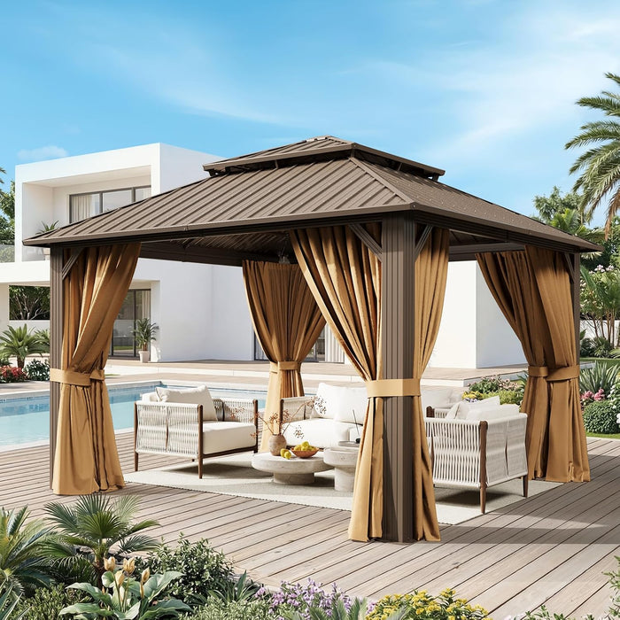 12X12Ft Hardtop Gazebo, Metal Frame with Double Galvanized Steel Roof, Permanent Outdoor Pergola with Curtains and Netting Included for Backyard, Patio, Lawn and Garden, Brown