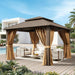 12X12Ft Hardtop Gazebo, Metal Frame with Double Galvanized Steel Roof, Permanent Outdoor Pergola with Curtains and Netting Included for Backyard, Patio, Lawn and Garden, Brown