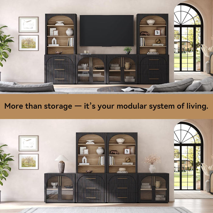 72" Tall Arched Storage Cabinet with Hutch, Bookcase with Open Shelves