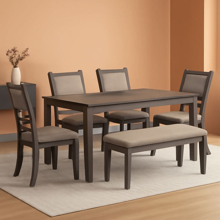 Wrenning Diamond Patterned Dining Table Set, 4 Upholstered Chairs and Bench, Seats 6, Wood, Gray