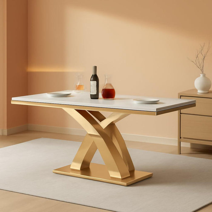 Faux Marble Dining Table, Modern Faux Marble Dining Room Table 70" with X Shape Stainless Steel Pedestal for Kitchen & Dining Room