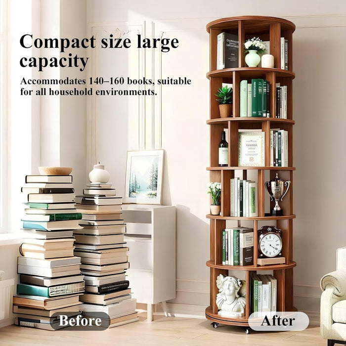 Rotating 6-Tier Walnut Rubberwood Bookcase 360 Degree