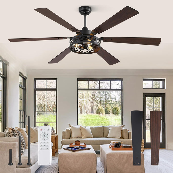 65 Inch Ceiling Fan with Lights, Farmhouse Caged Ceiling Fans with Remote, Black Industrial Ceiling Fans with Quiet Reversible DC Motor, Large Ceiling Fan for Living Room, Bedroom
