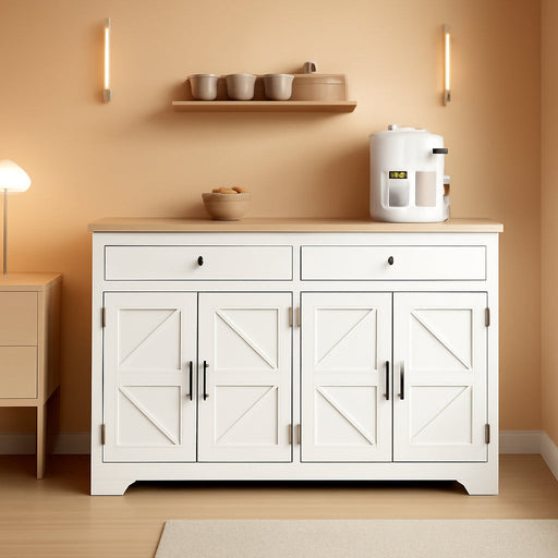 Sideboard Buffet Cabinet with Storage, 47" Kitchen Buffet Cabinet with Charging Station, Farmhouse Coffee Bar Station with Drawers and Doors, Credenza for Kitchen Living Room Entryway, White