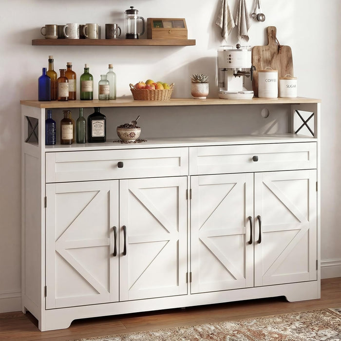 Sideboard Buffet Cabinet with Storage, 47" Kitchen Buffet Cabinet with Charging Station, Farmhouse Coffee Bar Station with Drawers and Doors, Credenza for Kitchen Living Room Entryway, White