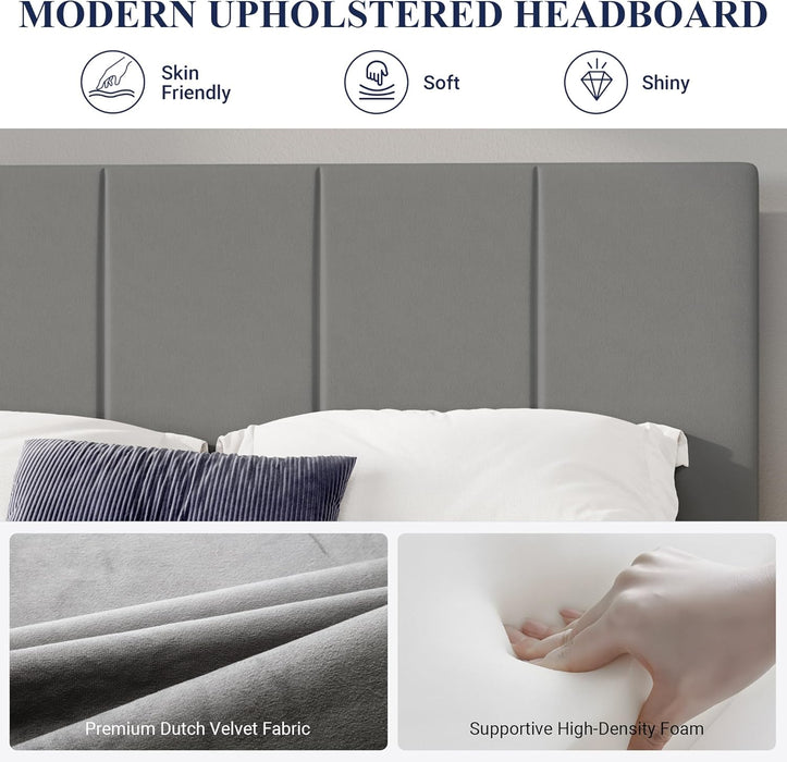 King Size Dutch Velvet Upholstered Platform Bed Frame/Vertical Channel Tufted Adjustable Headboard/Low Profile Bed Frame/No Box Spring Needed/Easy Assembly/Grey
