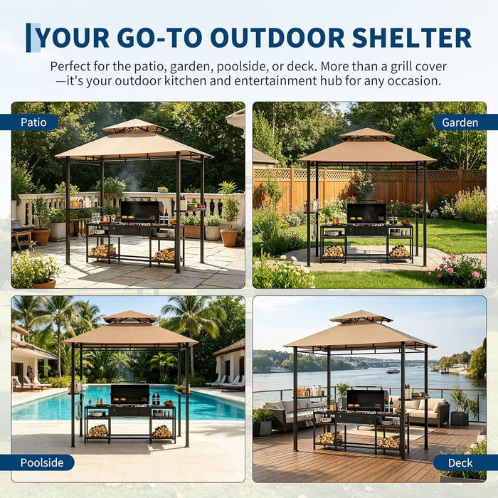 8X5 Ft BBQ Grill Gazebo with Double Roof, Outdoor Grill Shelter with 2 Side Shelves & Tool Hooks, Weather-Resistant Patio Shelter for Backyard Cooking